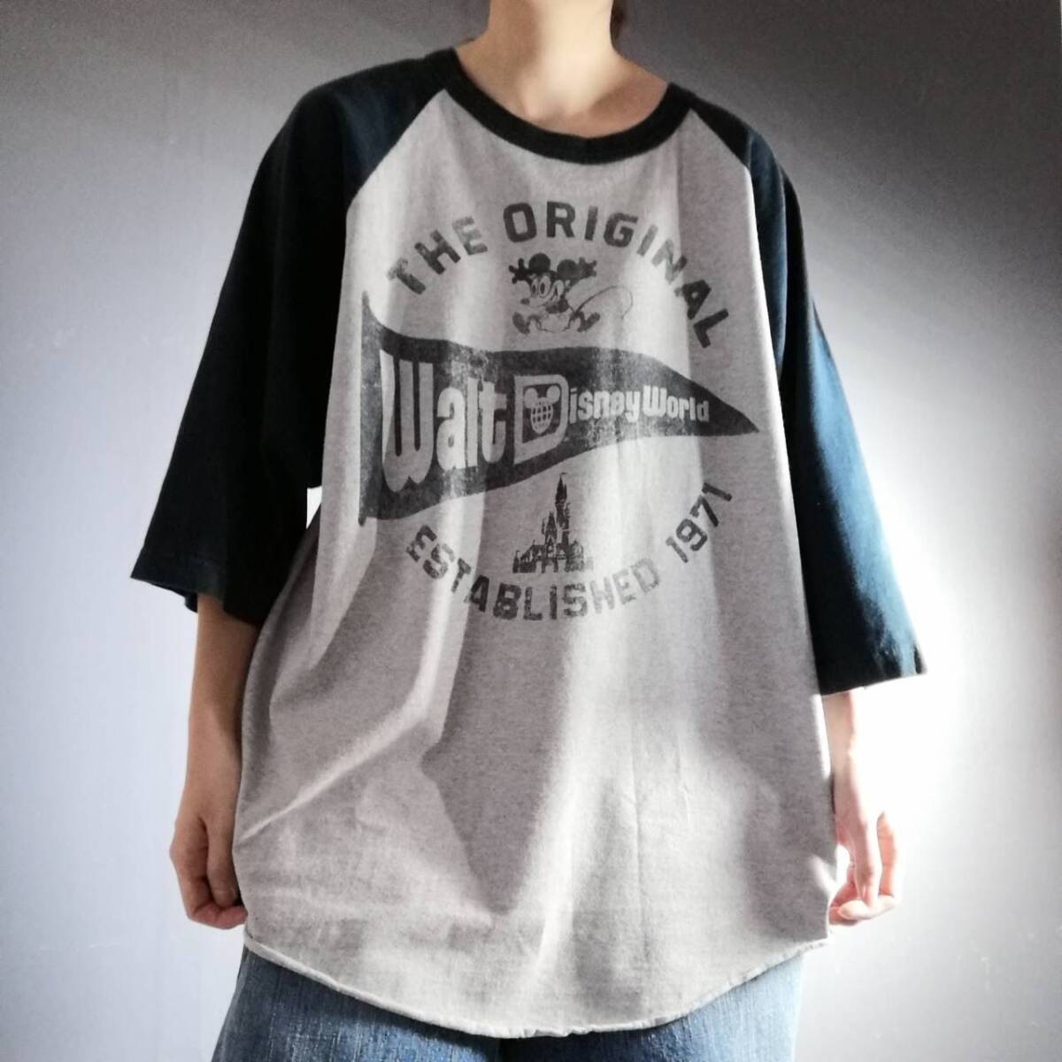 Disney ディズニー ラグランTシャツ 7分袖 カットソー ミッキー ウォルトディズニーワールド メンズ 2XL ビッグサイズ 古着 / A3112拍卖