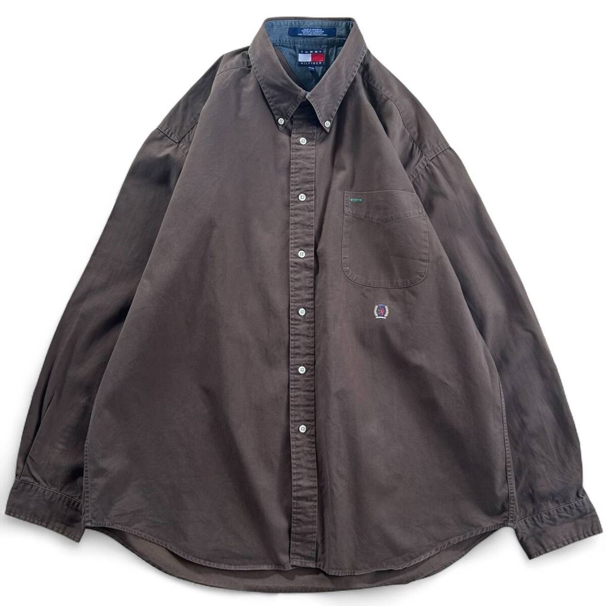 90年代 TOMMY HILFIGER トミーヒルフィガー 長袖 ボタンダウンシャツ 無地 ブラウン メンズ XL 古着 ヴィンテージ / A3113拍卖