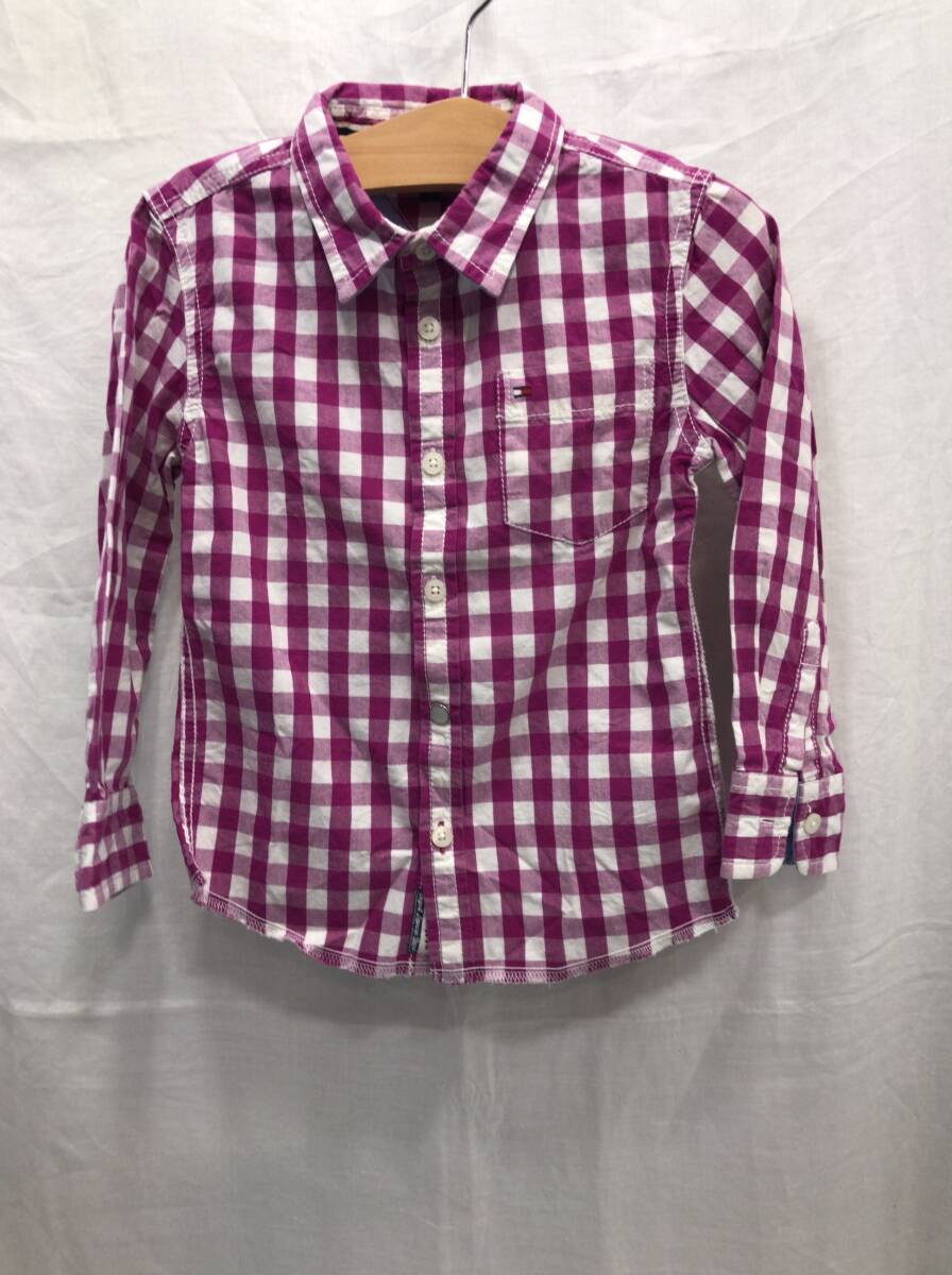 TOMMY HILFIGER 長袖 シャツ パープル ホワイト チェック柄 サイズ 5 キッズ 子ども 男の子 トミーヒルフィガー E5拍卖
