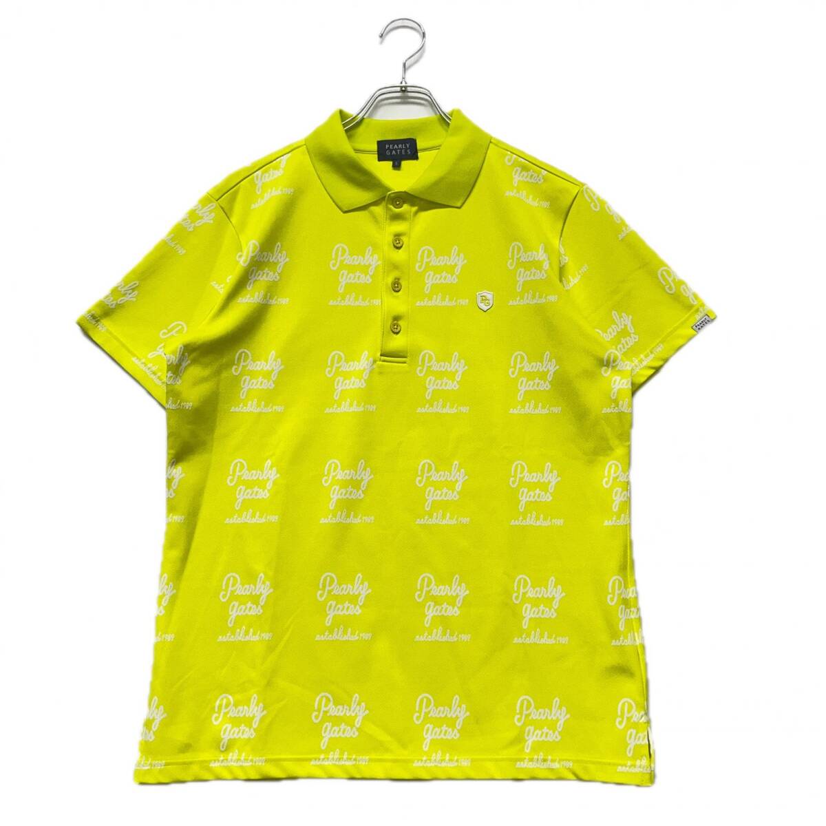 coco 中古【値下げ】 パーリーゲイツ PEARLY GATES メンズ 半袖ポロシャツ 5(L) イエロー 筆記体ロゴ ジャガード ネコポス発送可 K4072拍卖