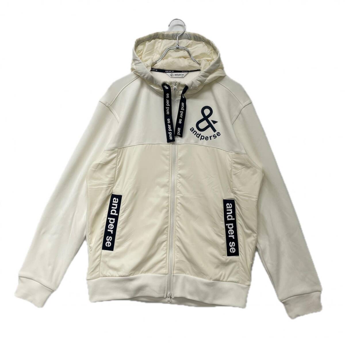 coco 未使用品 アンパスィ and per se メンズ ブルゾン LL ホワイト ロゴプリント 中綿入り ダブルジップ パーカー スポーティ 104334拍卖
