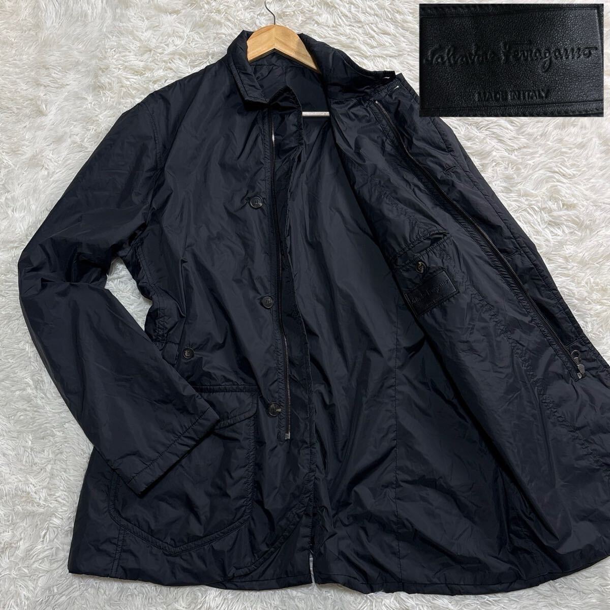 超希少/3XL相当●フェラガモ ガンチーニ Ferragamo 中綿ジャケット ビジネスコート ガンチーニ レザータグ 黒 ブラック メンズ サイズ56拍卖