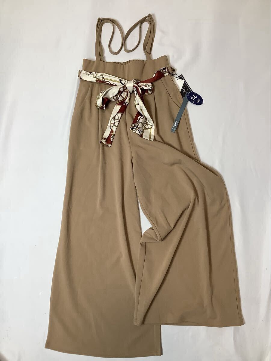 (未使用 レディース) Lutique // ストレッチ スカーフベルト付き サスペンダー ワイドパンツ (ベージュ系) サイズ M拍卖