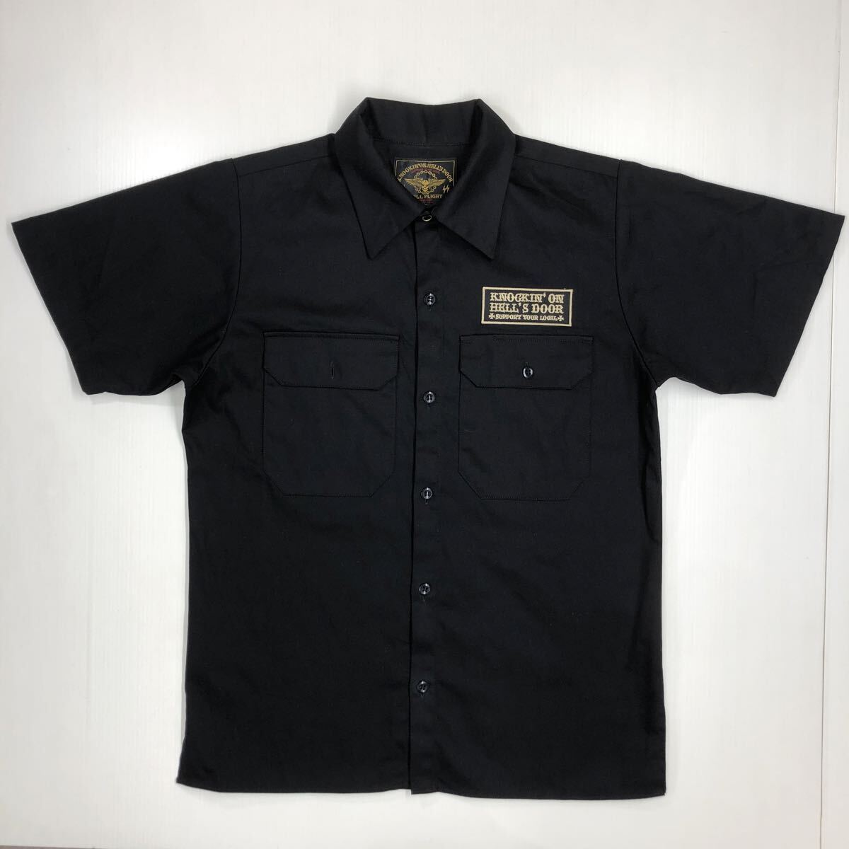 SKULL FLIGHT スカルフライト 半袖シャツ 黒 プリント ゴールド メンズ 38サイズ 59-21拍卖