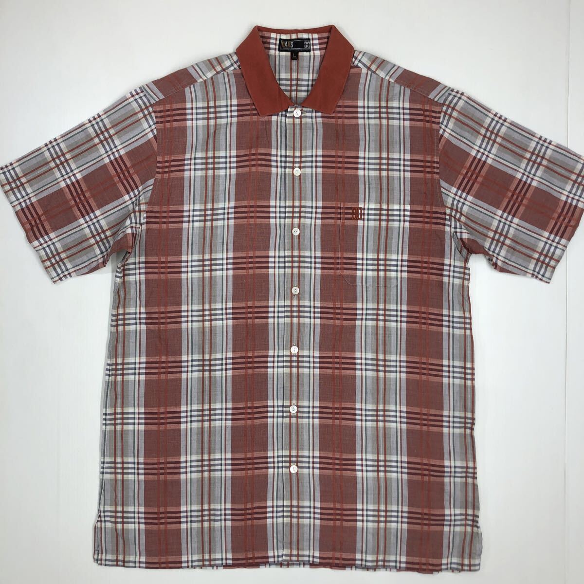 DAKS ダックス 半袖シャツ チェック柄 麻混 胸ポケット ゴルフ メンズ Lサイズ 59-24拍卖