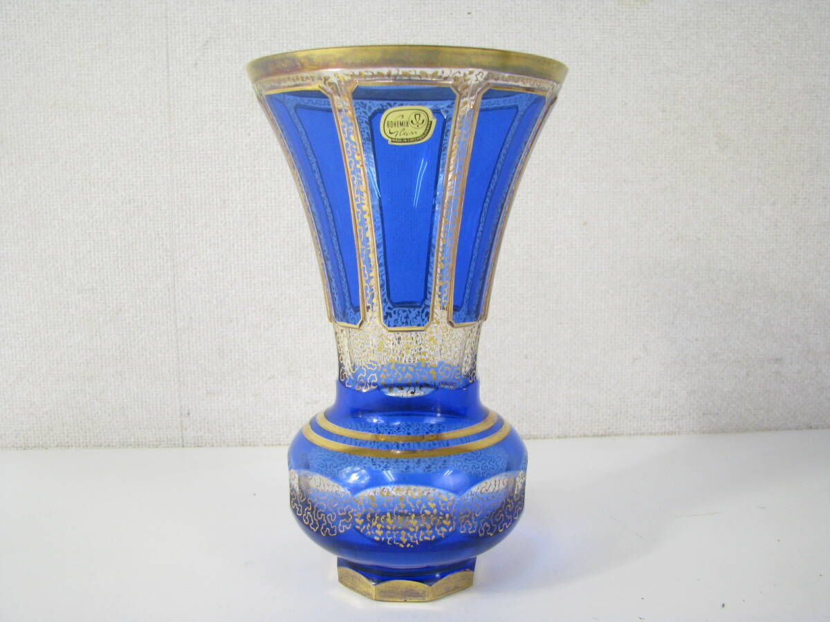 BOHEMIA GLASS ボヘミアグラス ボヘミアガラス フラワーベース 花瓶 ブルー 金彩拍卖