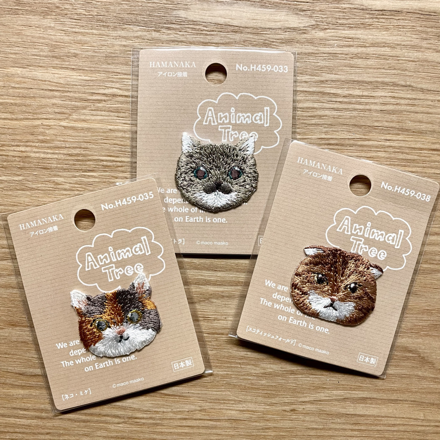 ハマナカ 刺繍ワッペン アニマルツリー ネコ3種セット ミケ・スコティッシュフォールド・キジトラ アイロン接着 日本製拍卖