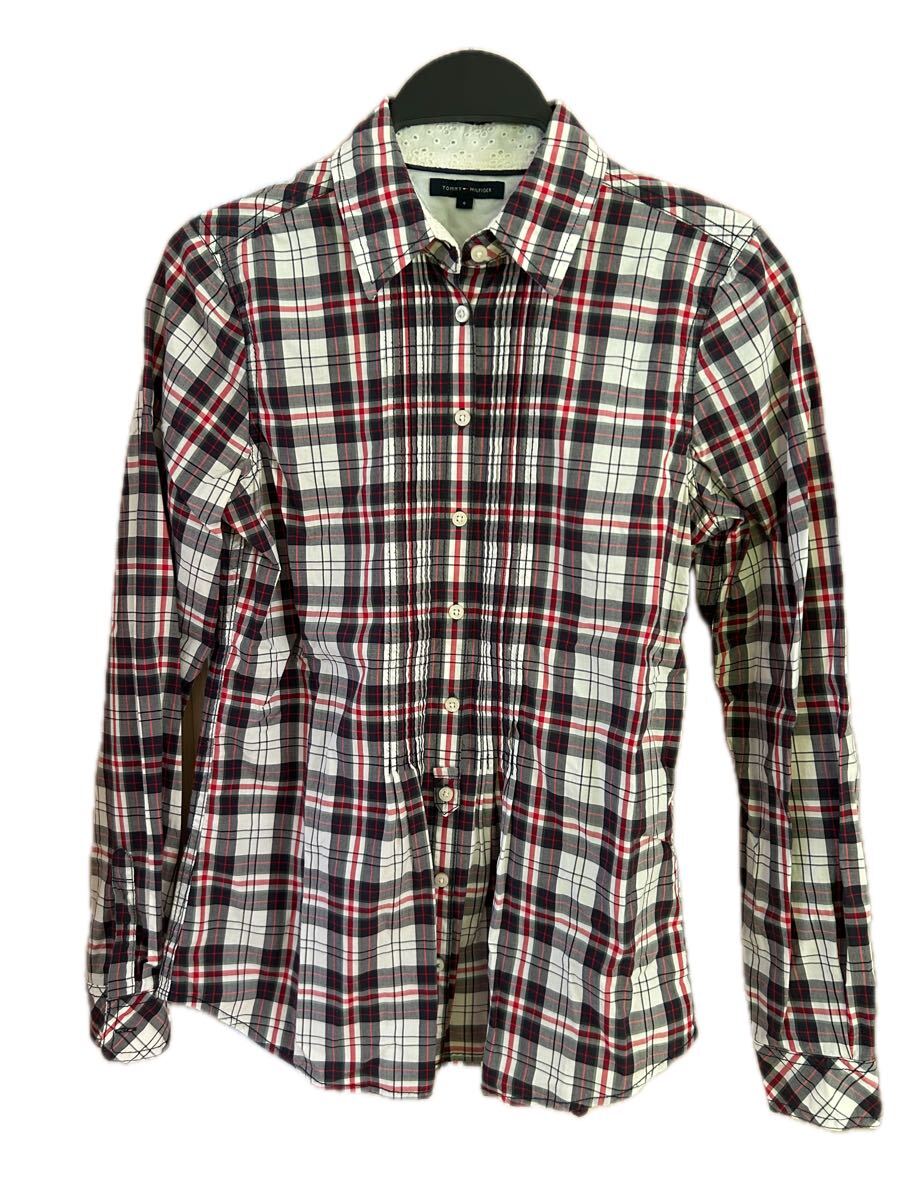 中古美品 TOMMY HILFIGER トミーヒルフィガー チェックシャツ コットンシャツ 綿100% サイズ6 赤 白 紺 レース M 長袖 トミー拍卖