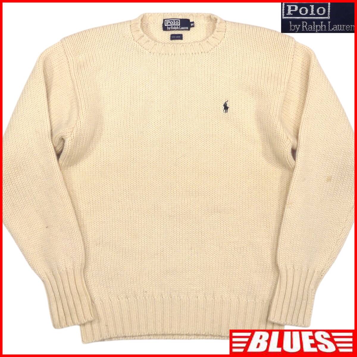 即決★POLO RALPH LAUREN★メンズ M ニット セーター ラルフローレン ウール クルーネック 白 アイボリー ポニー 刺繍拍卖