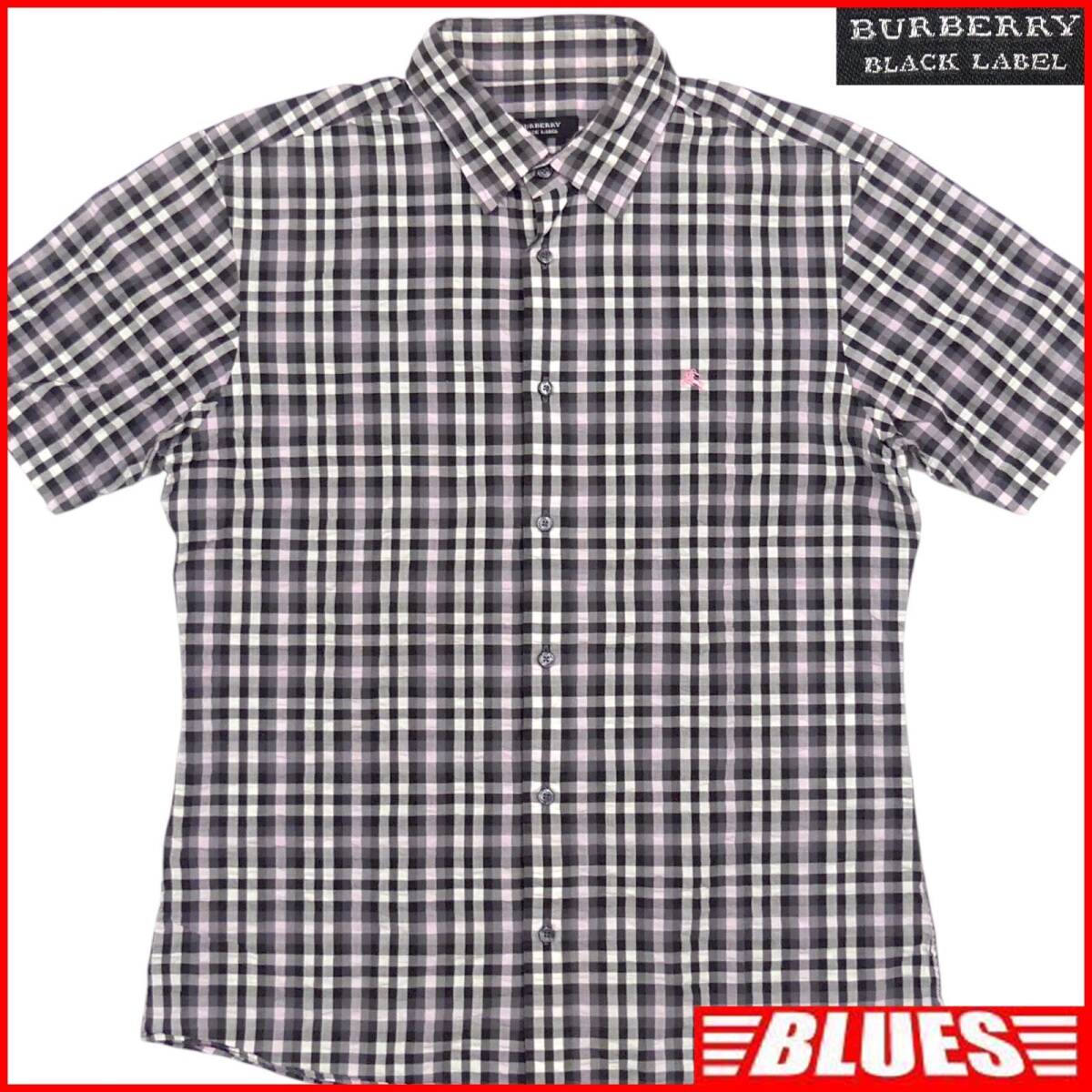 即決★BURBERRY BLACK LABEL★メンズ L 廃版 シャツ バーバリーブラックレーベル 黒 ピンク 3 チェック 三陽商会 刺繍 半袖拍卖