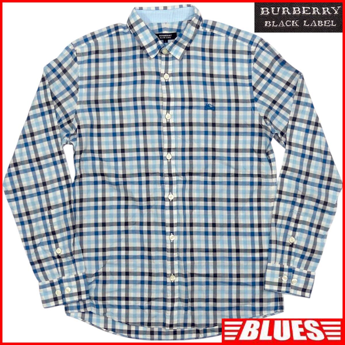 即決★BURBERRY BLACK LABEL★メンズ M 廃版 シャツ バーバリーブラックレーベル 2 青 チェック 三陽商会 ナイト刺繍 長袖拍卖