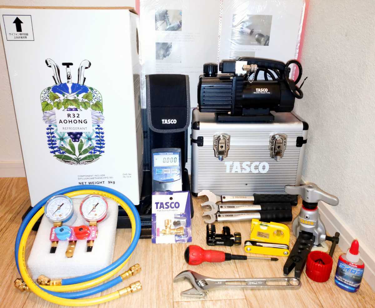 ①R32 エアコン フロンガス 冷媒 ガスチャージ ガス充填フルセット 1泊2日 レンタル タスコ 真空ポンプ フレアツール 日時指定可能拍卖