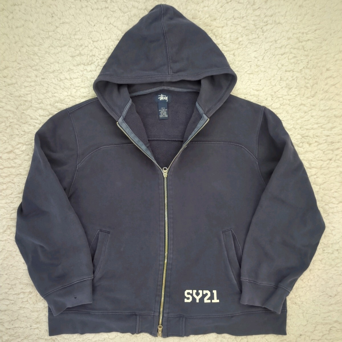 STUSSY ステューシーOLD オールド90年代 バックプリント SY21 フルジップパーカー フーディー ネイビー Lサイズ短丈 ショート丈拍卖