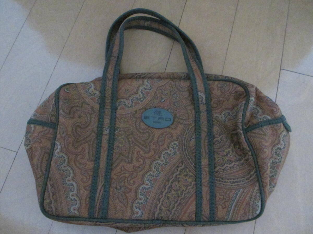 【極美品】エトロ ミニボストンバッグ 茶系×グリーンパイピング拍卖