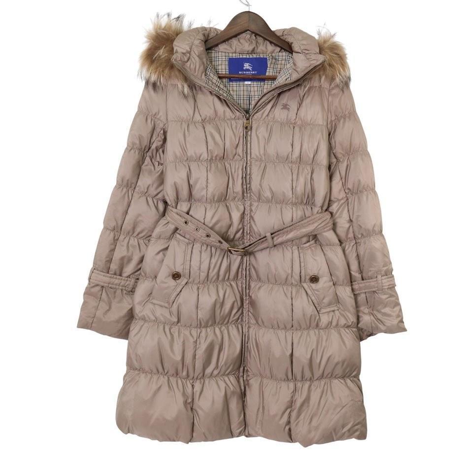 BURBERRY BLUE LABEL バーバリーブルーレーベル ダウンコート 40 L ベージュ ノバチェック ホースロゴ 刺繍ロゴ Aライン ベルト ロング丈 拍卖