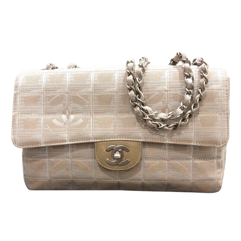 シャネル CHANEL ニュートラベルラインフラップバッグ A15285 ベージュ シルバー金具 ナイロンジャガード ショルダーバッグ中古拍卖