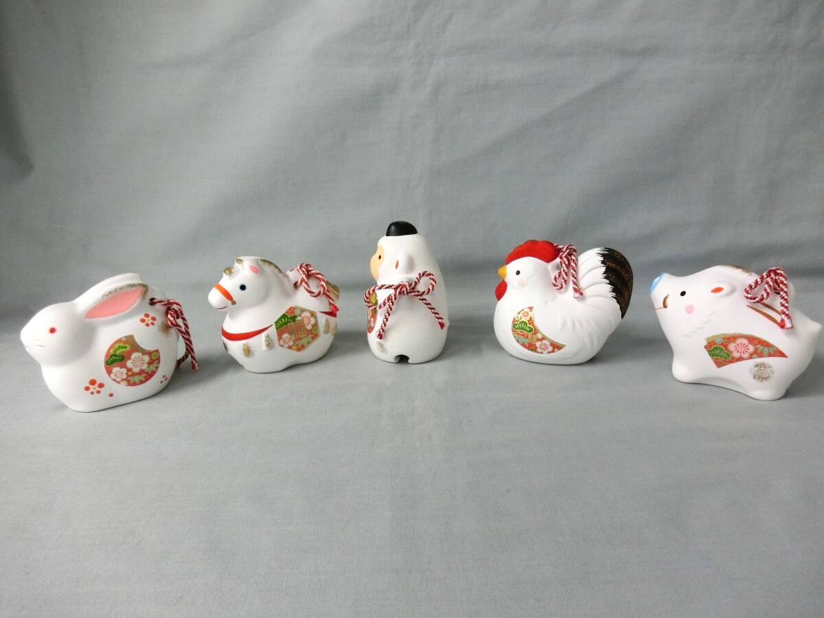 招福干支 土鈴 計5個セット まとめ売り 卯 午 申 酉 亥 約7cm 縁起物 置物 焼物 白 インテリア拍卖