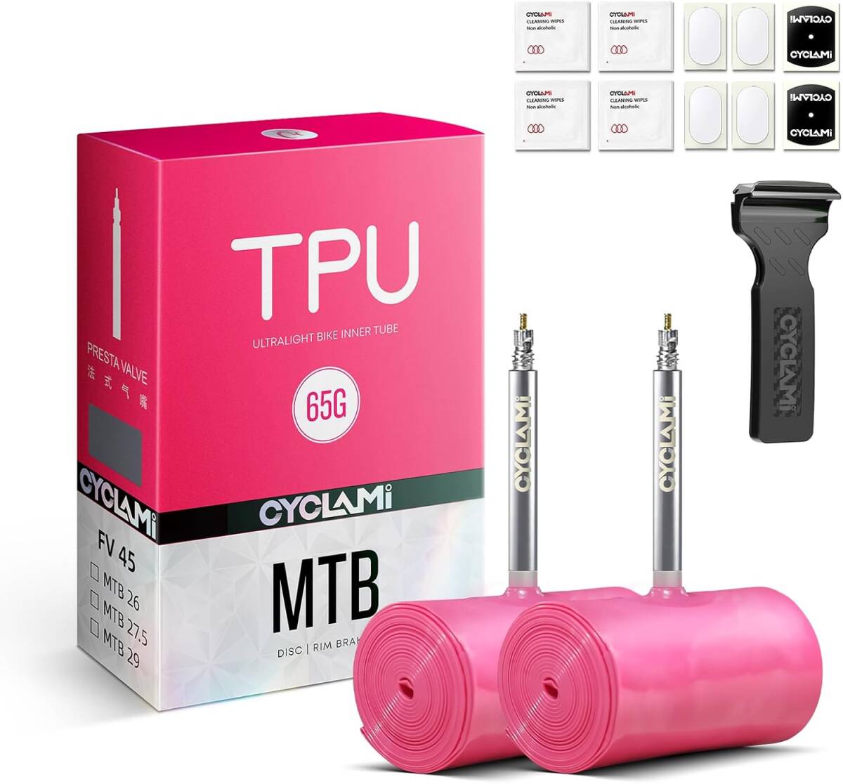 超軽量65g TPUインナーチューブ 27.5/29インチ用 2個セット 多機能タイヤレバー付き マウンテンバイク対応拍卖