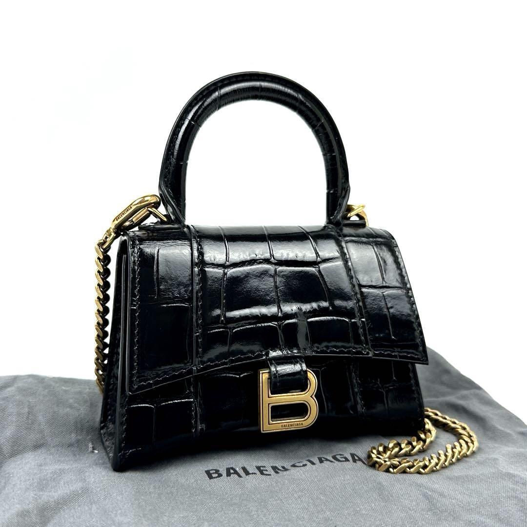 美品■BALENCIAGA バレンシアガ アワーグラス ショルダーバッグ 2way Bロゴ チェーン ハンドバッグ クロコ レザー 黒 ブラック フォーマル拍卖