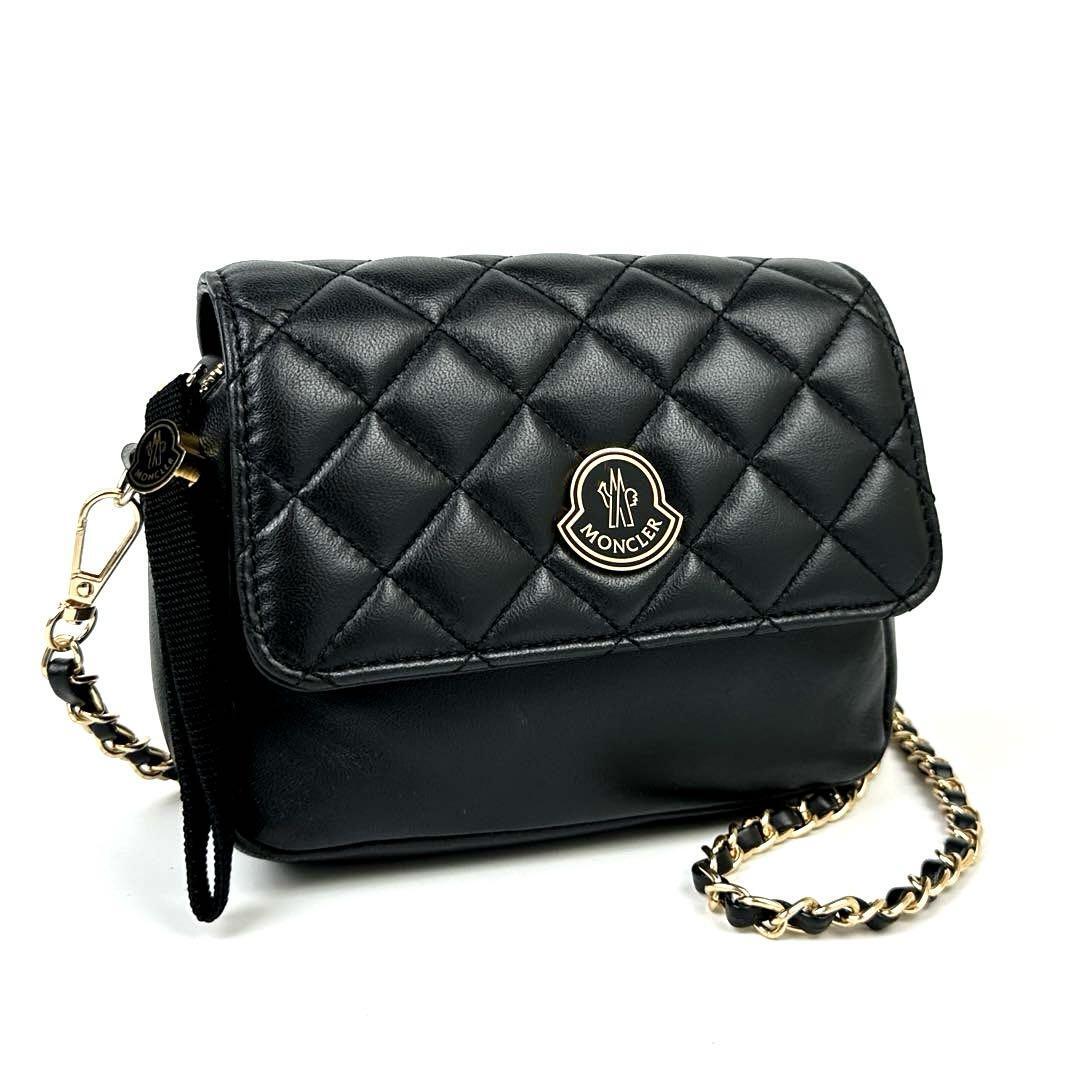 美品■MONCLER モンクレール チェーン ショルダーバッグ 2way キルティング ポシェット 斜め掛け レザー ブラック 黒 フォーマル 男女兼用拍卖