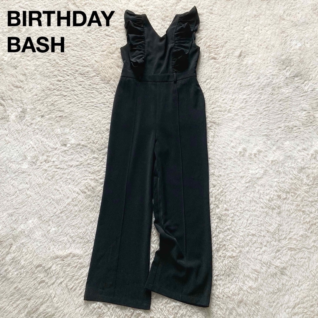【美品】バースデーバッシュ Vネックフリルスリーブオールインワン 美シルエット ブラック 黒 Mサイズ BIRTHDAYBASH拍卖
