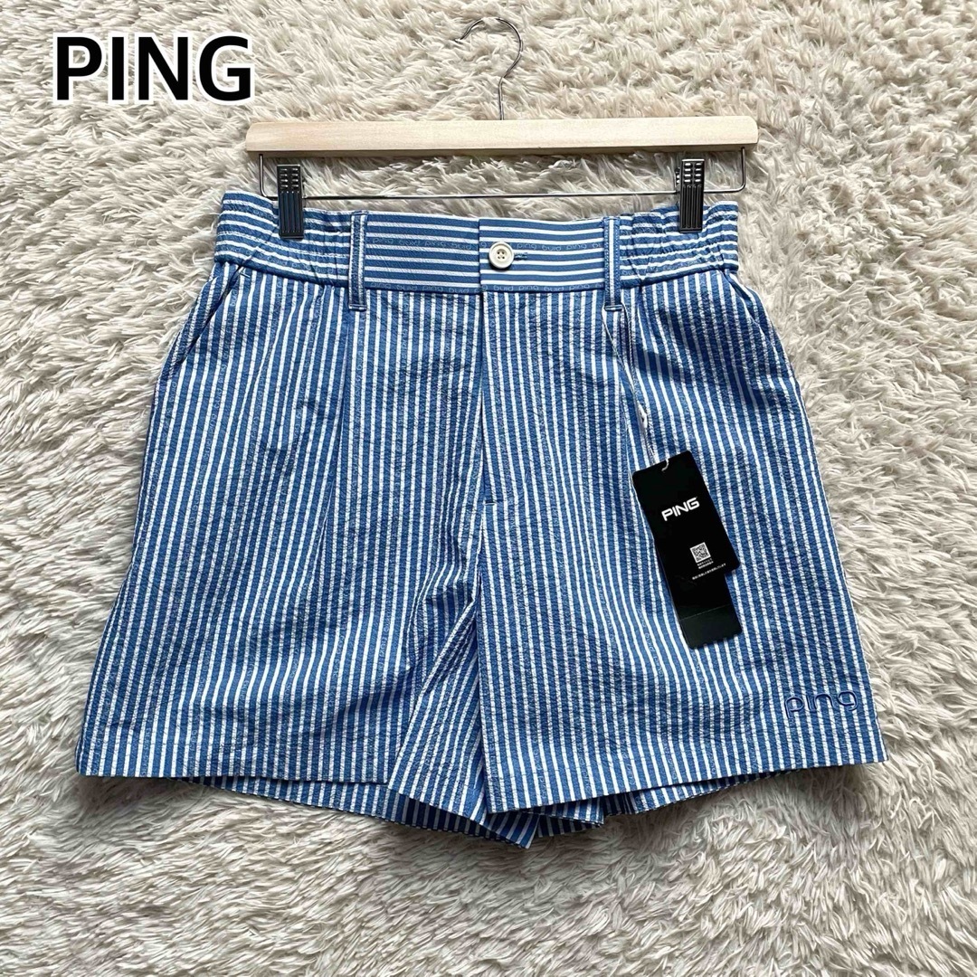 未使用 PING ピン ストレッチ シアサッカー ショートパンツ ゴルフウェア レディース Sサイズ ブルー ホワイト拍卖