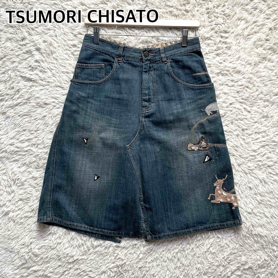 ツモリチサト デニムスカート アニマル 刺繍 ひざ丈 鹿 ライオン ゾウ Mサイズ TSUMORI CHISATO拍卖
