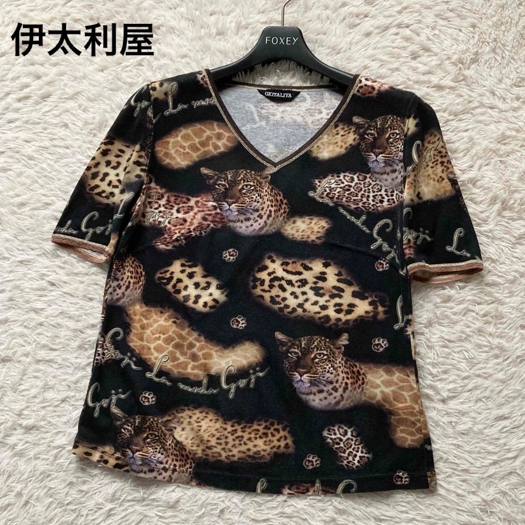 美品伊太利屋 GKITALIYA 豪華レオパード柄 Vネック 五分袖カットソー ラインストーン ビジュー 黒 ブラック 11号 Lサイズ拍卖