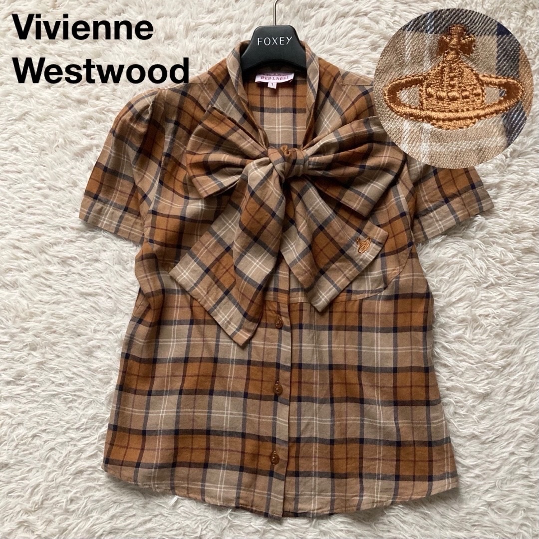 希少ヴィヴィアンウエストウッド 半袖ボウタイブラウス チェック オーブ刺繍 ブラウン ベージュ 1サイズ 日本製 Vivienne Westwood拍卖