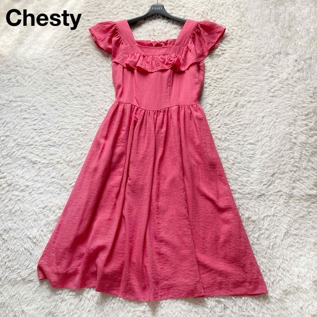 【美品】Chesty チェスティ 上品フリル リボンフレアワンピース Aライン 微ラメ ピンク 1サイズ拍卖