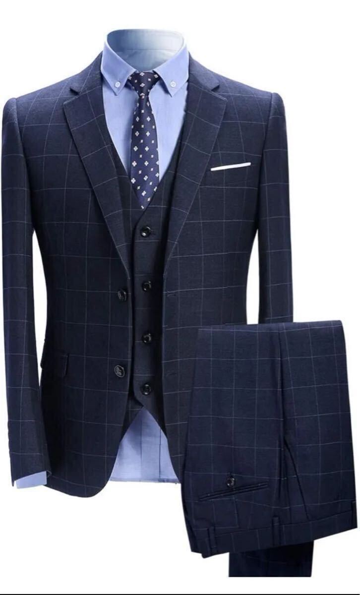 【お買得】メンス ビジネススーツ (3点セット)スリーピース チェック S-6XL (ブルーチェック柄)拍卖