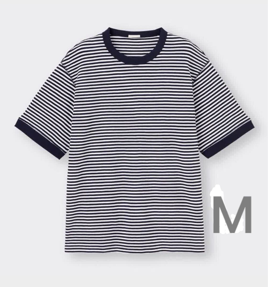 ★新品★ジーユーGUワッフルT5分袖ボーダー白ホワイト紺ネイビー半袖カットソートップスTシャツ丸首ラウンド オーバーサイズMサイズ五分袖拍卖