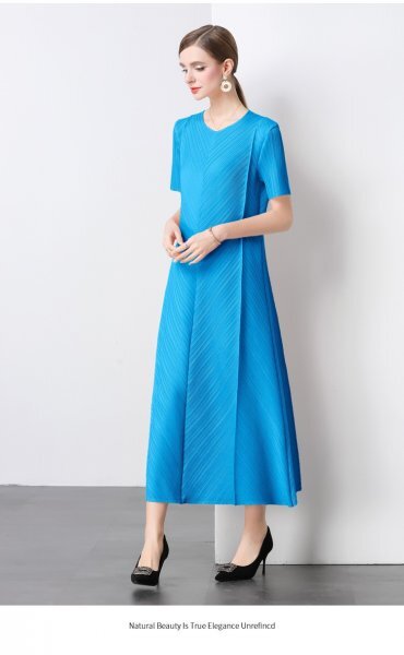 2507プリーツpleats ワンピースチュニック肌触り弾力ドレープ性いいロング丈大人可愛いブルー 拍卖