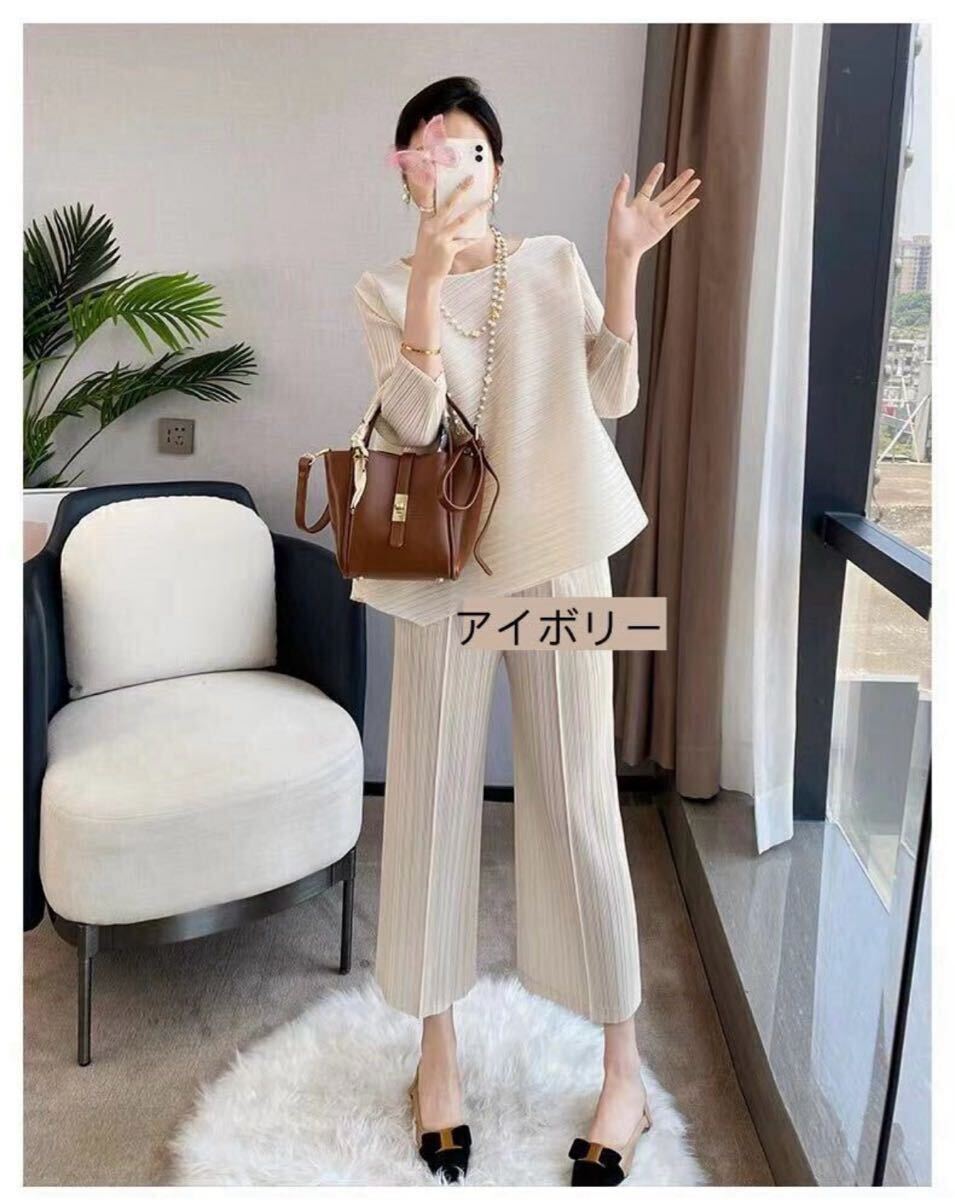 レディーストップス 長袖プリーツシャツワイドパンツ2点セット肌触リ通気性いい 優雅上品アイボリー拍卖