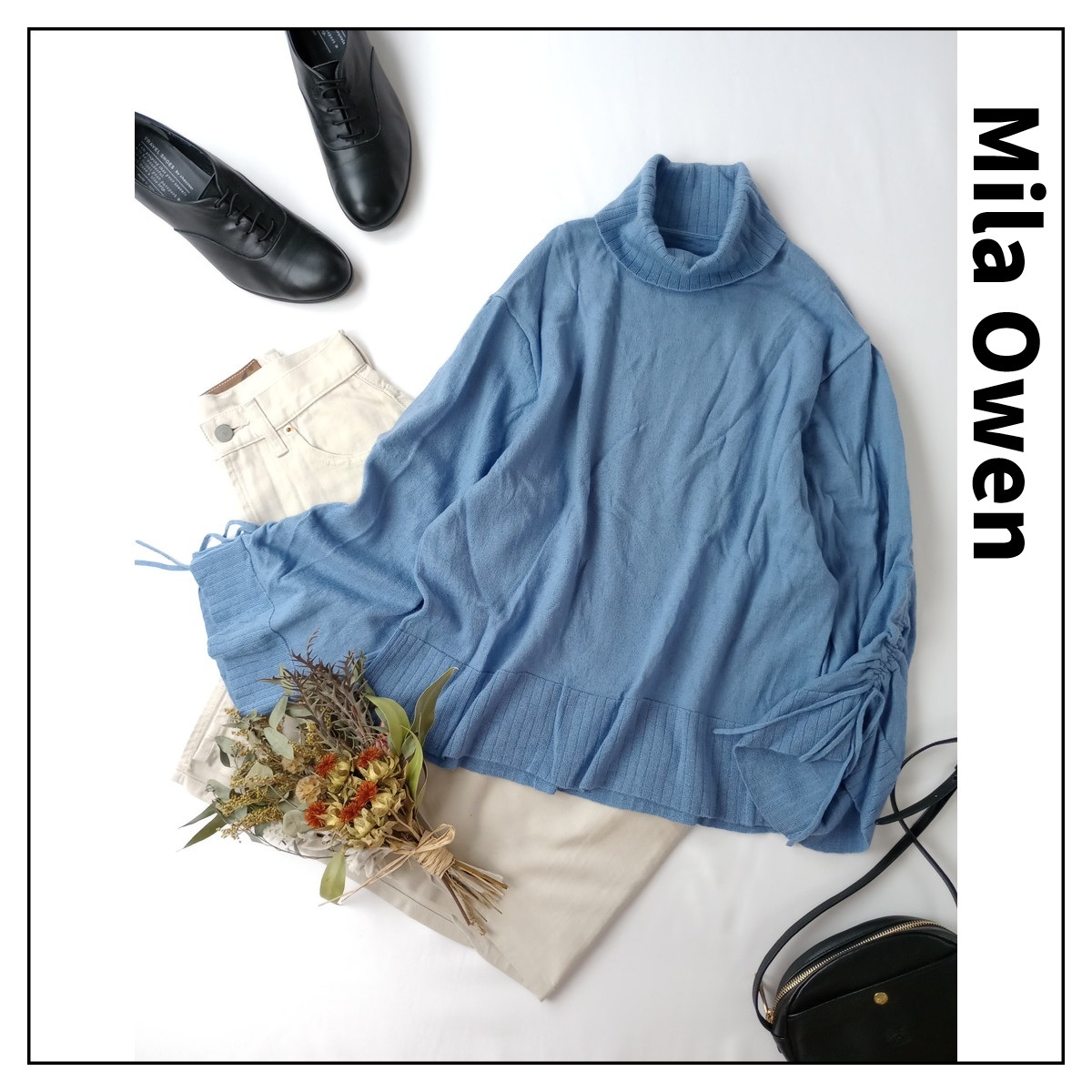 Mila Owen ミラ オーウェン「大人の余裕をただよわせる。」ウール 毛 100% 袖ドロスト タートルネック リブ ニット 1 ブルー(1M+4468)☆拍卖