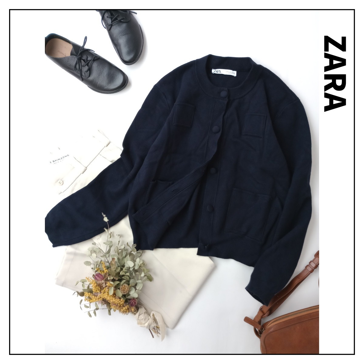 ZARA ザラ「そう、きちんと見えが叶う。」クルーネック ニット ジャケット カーディガン 長袖 S ダークネイビー(16M+7198)■拍卖