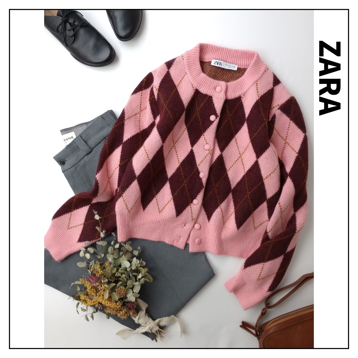 ZARA ザラ「ドラマティックになる一枚。」ウール 毛 混 アーガイル柄 ジャガード ニット カーディガン 羽織 長袖 M ピンク(10M+5268)■拍卖