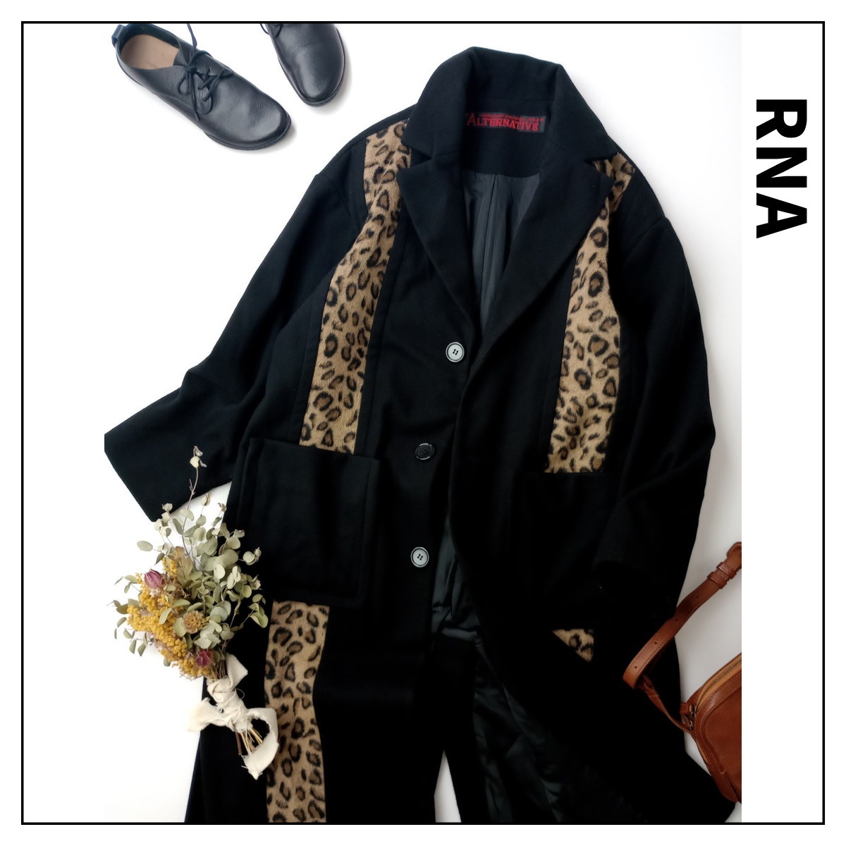 RNA アールエヌエー ALTERNATIVE「きっと、明日のあなたを変える服」レオパード柄 切替 メルトン コート ロング アウター M 黒(GM+0193)■拍卖