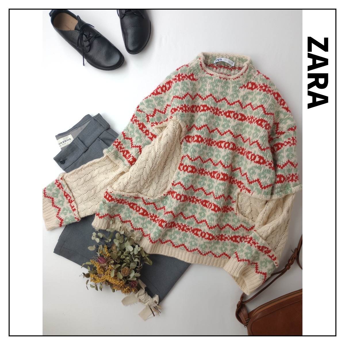 ZARA ザラ「柄投入で生活にたのしさをプラスする」ラムウール 毛 混 ケーブルニット ドッキング ジャガード プルオーバー L(8M+0201)拍卖