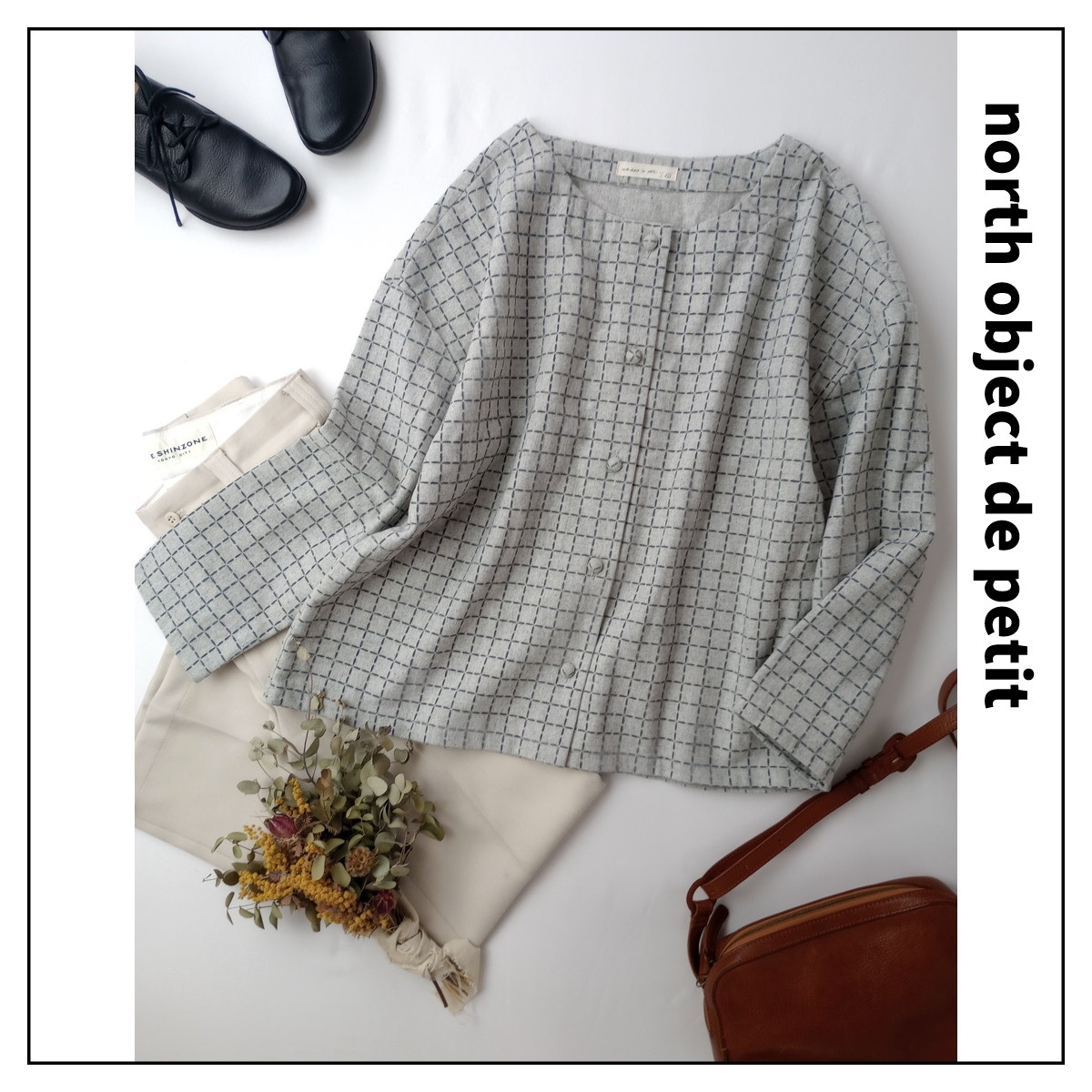 north object de petit ノースオブジェクトプチ「心くすぐる♪」ウール 毛 混 スクエア刺繍 ウィンドペン柄 ジャケット グレー(9M+4118)☆拍卖