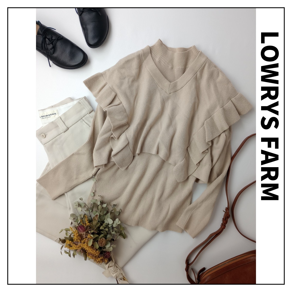 LOWRYS FARM「可愛さオン!ふわりと甘くて虜になる♪」2Pセット レイヤード リブ ニット フリル ベスト 長袖 Free ベージュ(9M+0265)拍卖