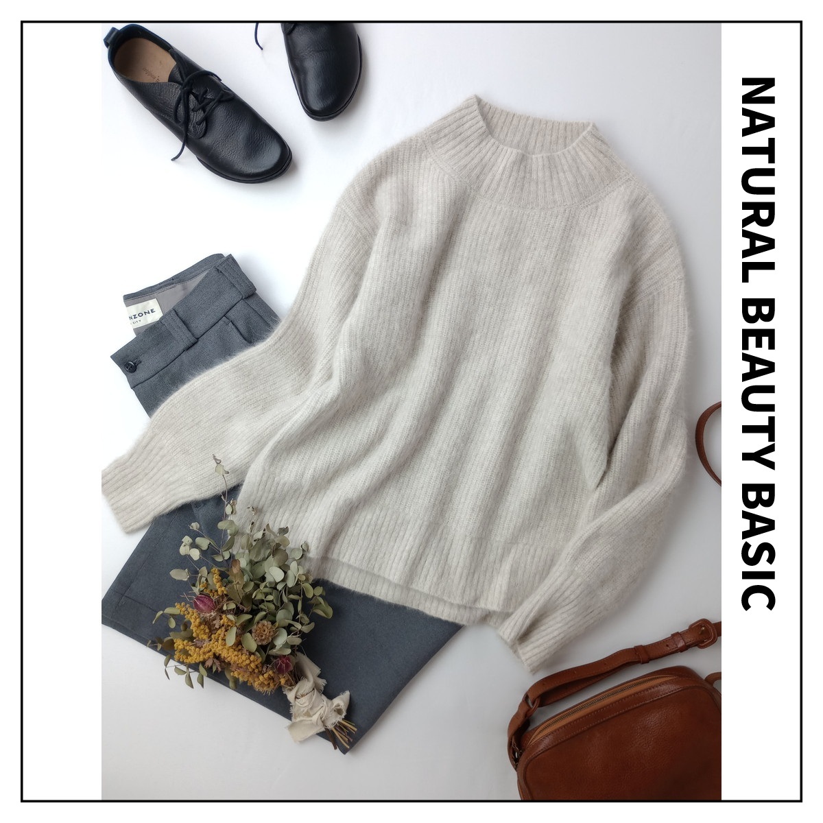 NATURAL BEAUTY BASIC「これ、たぶん、みんな好き。」フォックス ラムウール 毛 混 ブレンドニット プルオーバー M グレージュ(9M+5380)拍卖