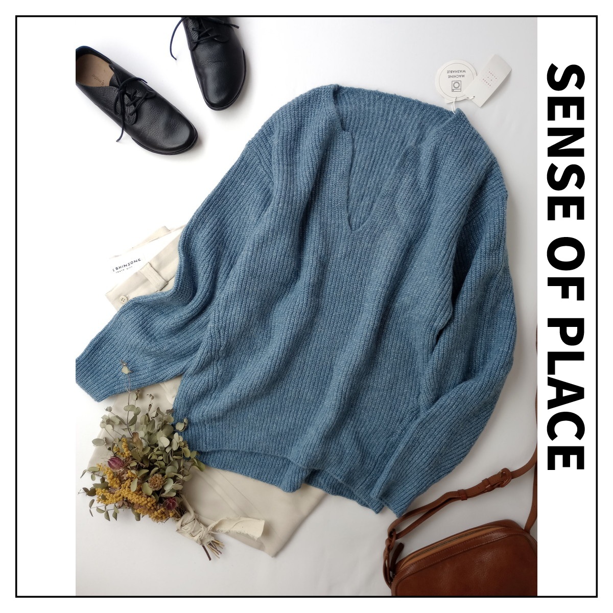 新品 SENSE OF PLACE センスオブプレイス「凛とした大人の表情。」コクーンスリーブ Vネック ニット セーター 長袖 ブルー系(17M+5621)拍卖