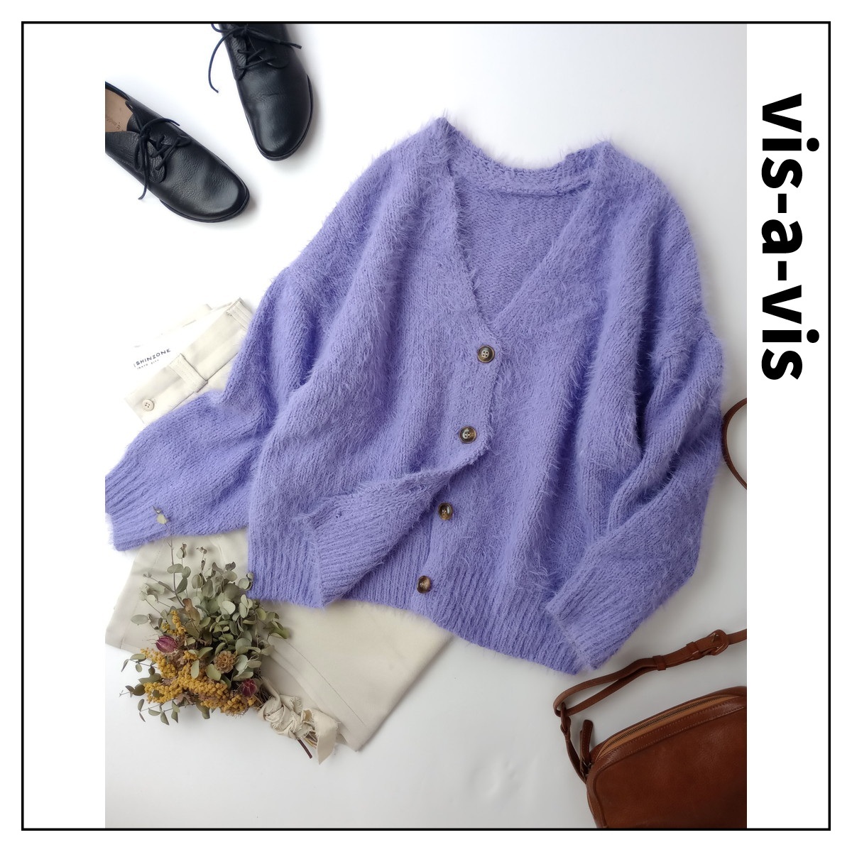 vis-a-vis ビザビ ビス「オトメからオトナになったら。」前後2WAY Vネック シャギーニット カーディガン 長袖 Free ラベンダー(17M+4995)拍卖
