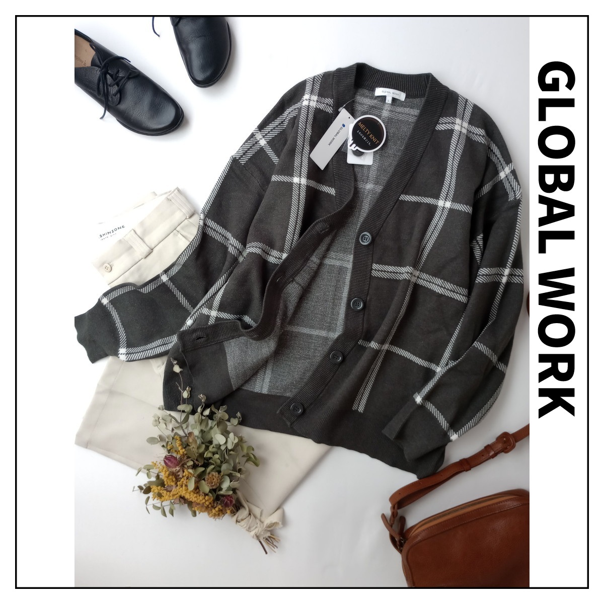 GLOBAL WORK グローバルワーク「私がしっくりくる服」チェック柄 メルティ ニット カーディガン 羽織 長袖 L チャコールグレー(29M+4999)拍卖