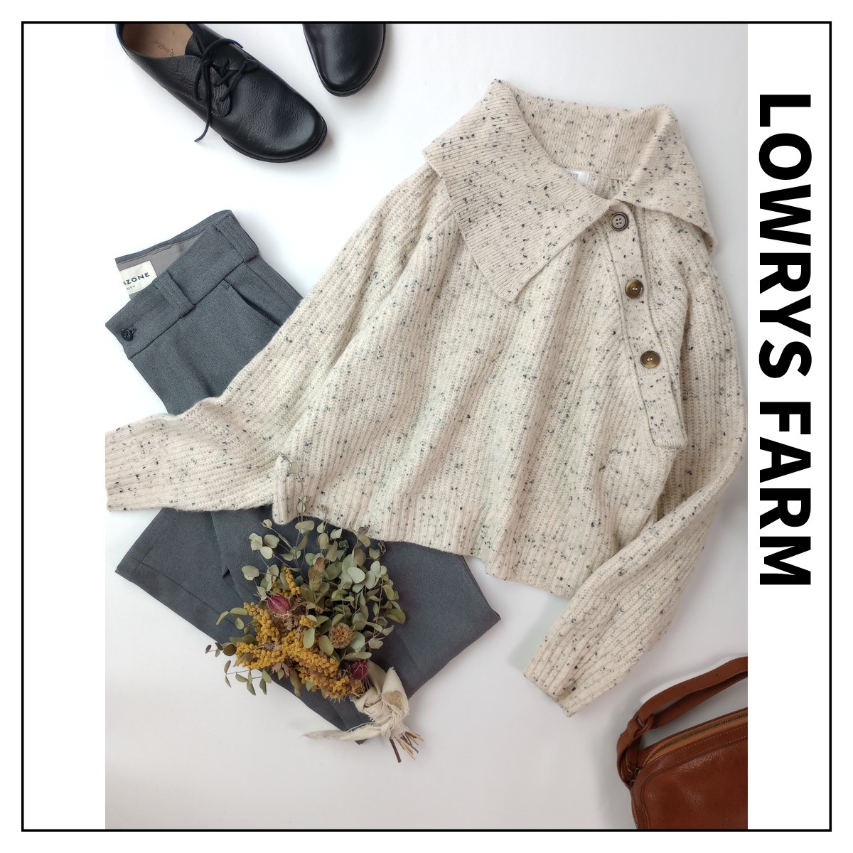 LOWRYS FARM「かわいいにまっすぐ♪」ラムウール 毛 混 ビッグカラー ネップ ニット プルオーバー 長袖 F アイボリー(29M+5604)◆拍卖