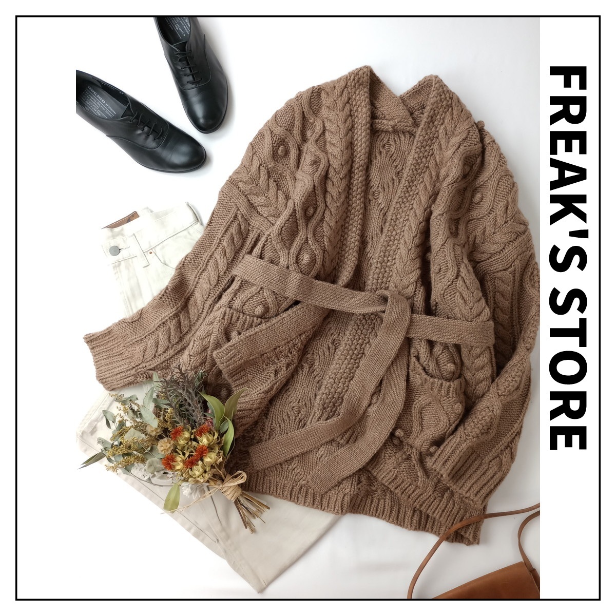 FREAK'S STORE フリークスストア「わたし、愛らしく。」ウール 毛 混 ポップコーン ケーブル ニット ガウン Free ブラウン(27M+7300)☆◆拍卖