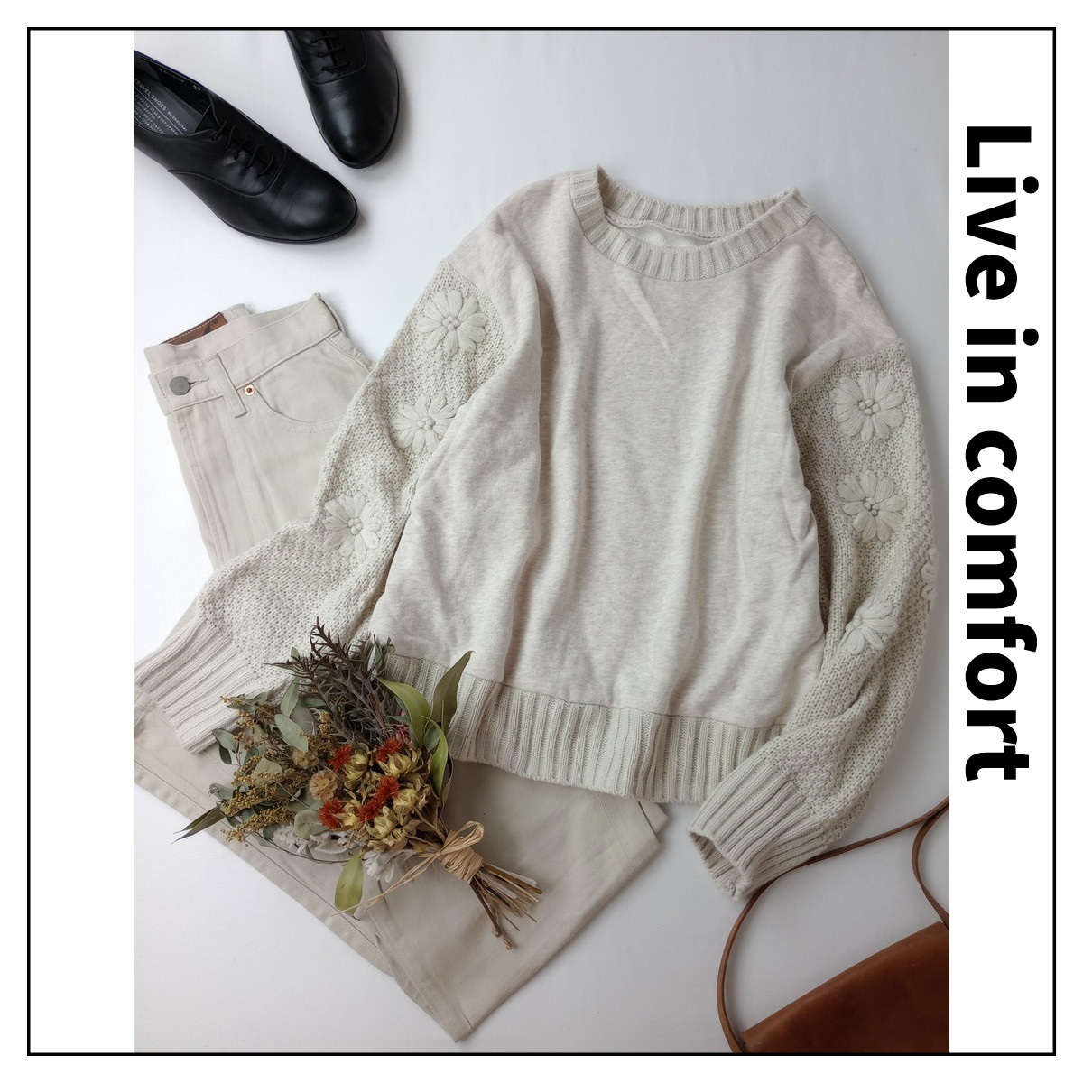 Live in comfort リブインコンフォート フェリシモ「いつもあなたの近くで」異素材 スウェットドッキング ニット 花柄 刺繍 M(27M+5328)◆拍卖