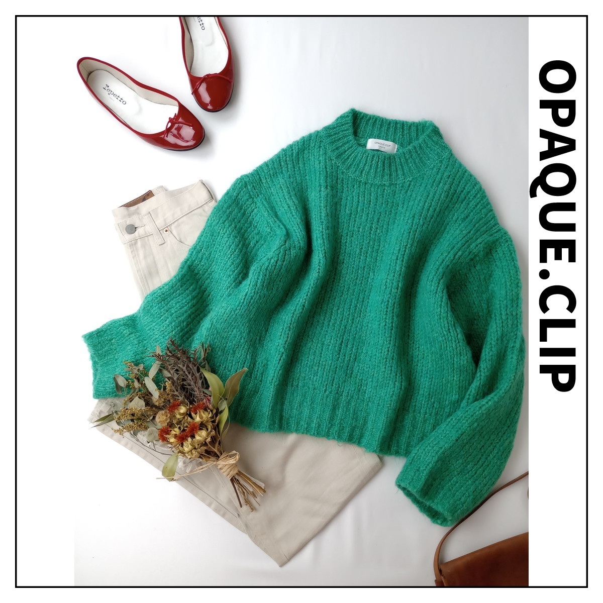 OPAQUE.CLIP オペークドットクリップ「美しい生活がいい。」COFIL ローゲージ モヘヤ混 ワイドニット プルオーバー グリーン(25M+5401)◆拍卖
