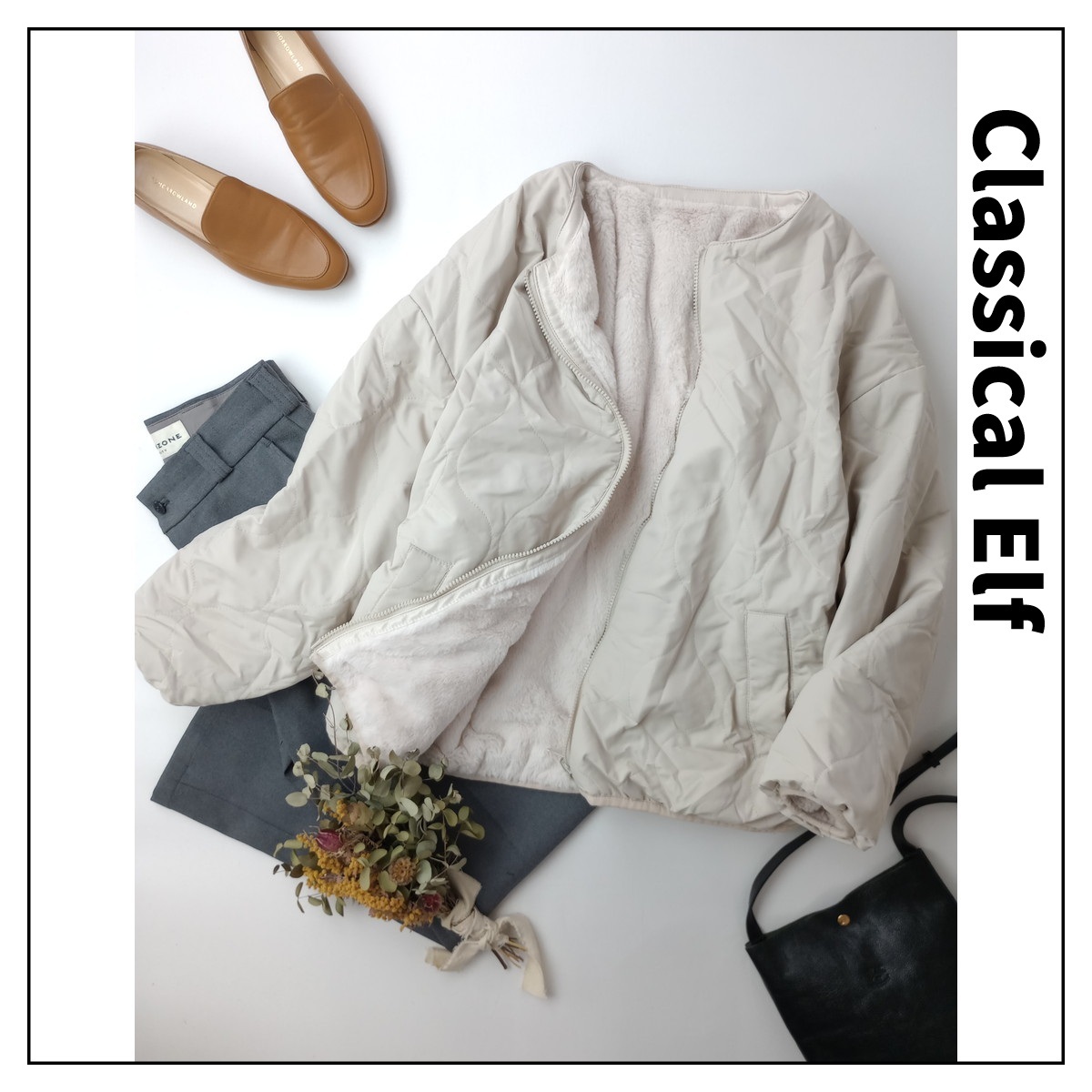 Classical Elf クラシカルエルフ「一枚二役♪」2WAY リバーシブル ファー キルティング ブルゾン アウター L ベージュ系(44M+2688)拍卖